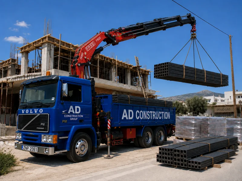 Το γερανοφόρο Volvo F12 της AD Construction σηκώνει δέσμη σιδήρου με τον γερανό σε εργοτάξιο στην Αίγινα